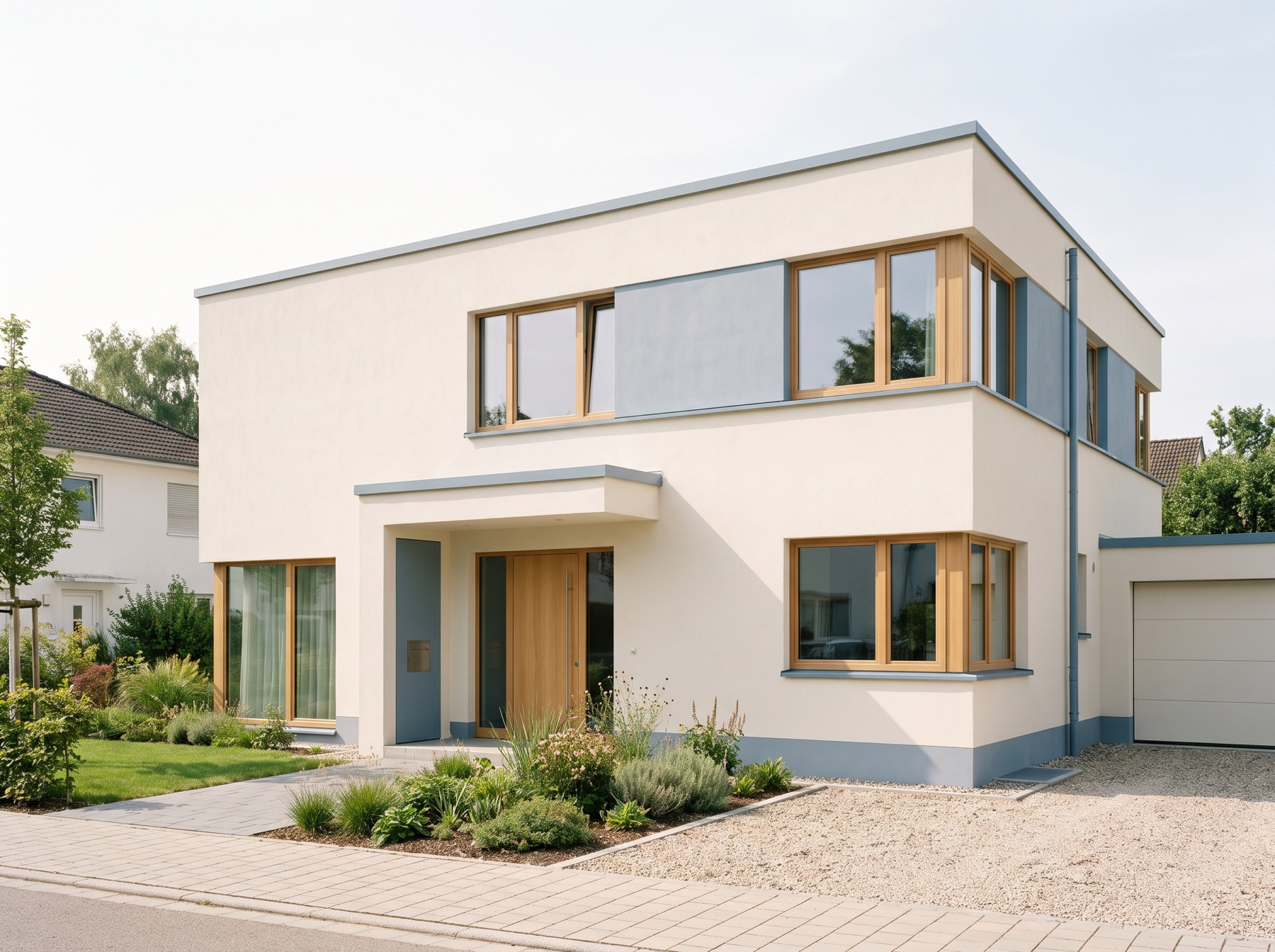 Modernes Einfamilienhaus mit frisch gestrichener weißer Fassade
