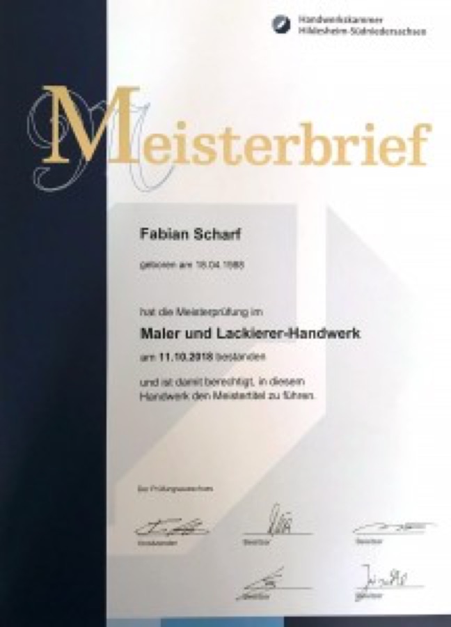 Meisterbrief im Maler- und Lackierer-Handwerk von Fabian Scharf, Handwerkskammer Hildesheim-Südniedersachsen