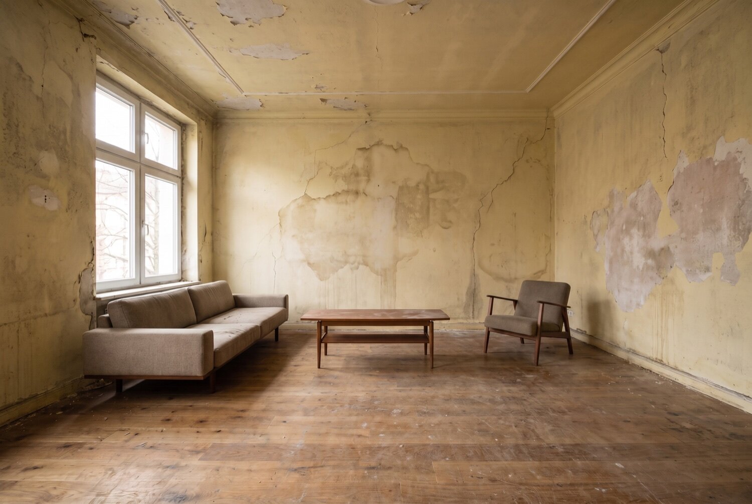 Vorher: Wohnzimmer mit abblätternder Farbe und beschädigten Wänden